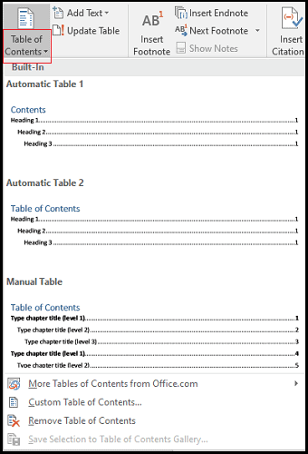 working with manual table of contents word