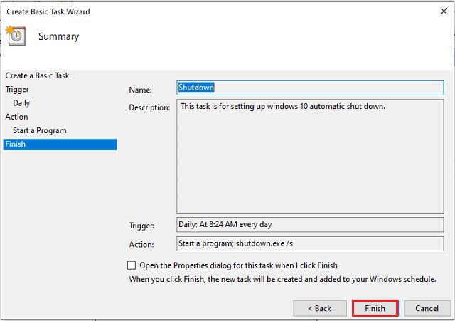 how to set up auto shutdown in windows 10